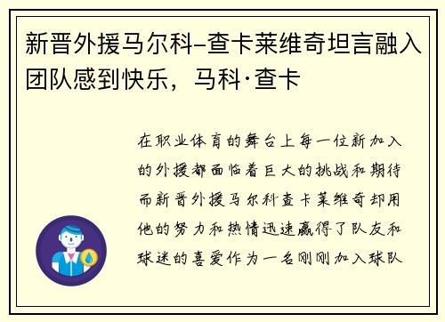 新晋外援马尔科-查卡莱维奇坦言融入团队感到快乐，马科·查卡