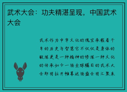 武术大会：功夫精湛呈现，中国武术大会