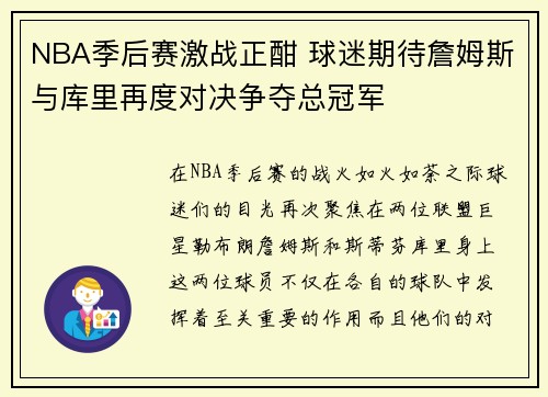 NBA季后赛激战正酣 球迷期待詹姆斯与库里再度对决争夺总冠军 NBA季后赛激战正酣 球迷期待詹姆斯与库里再度对决争夺总冠军